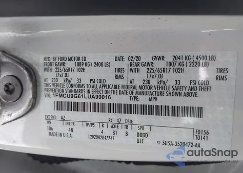 2020 Ford Escape Se из США, поврежденный, VIN 1FMCU9G61LUA99016